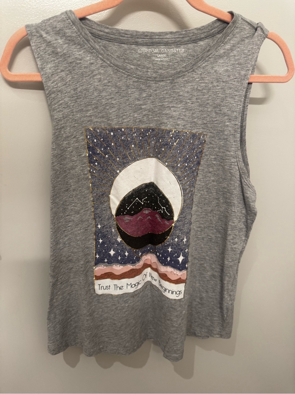 Spiritual Gangster Gray Graphic Muscle Tank with Celestial Print